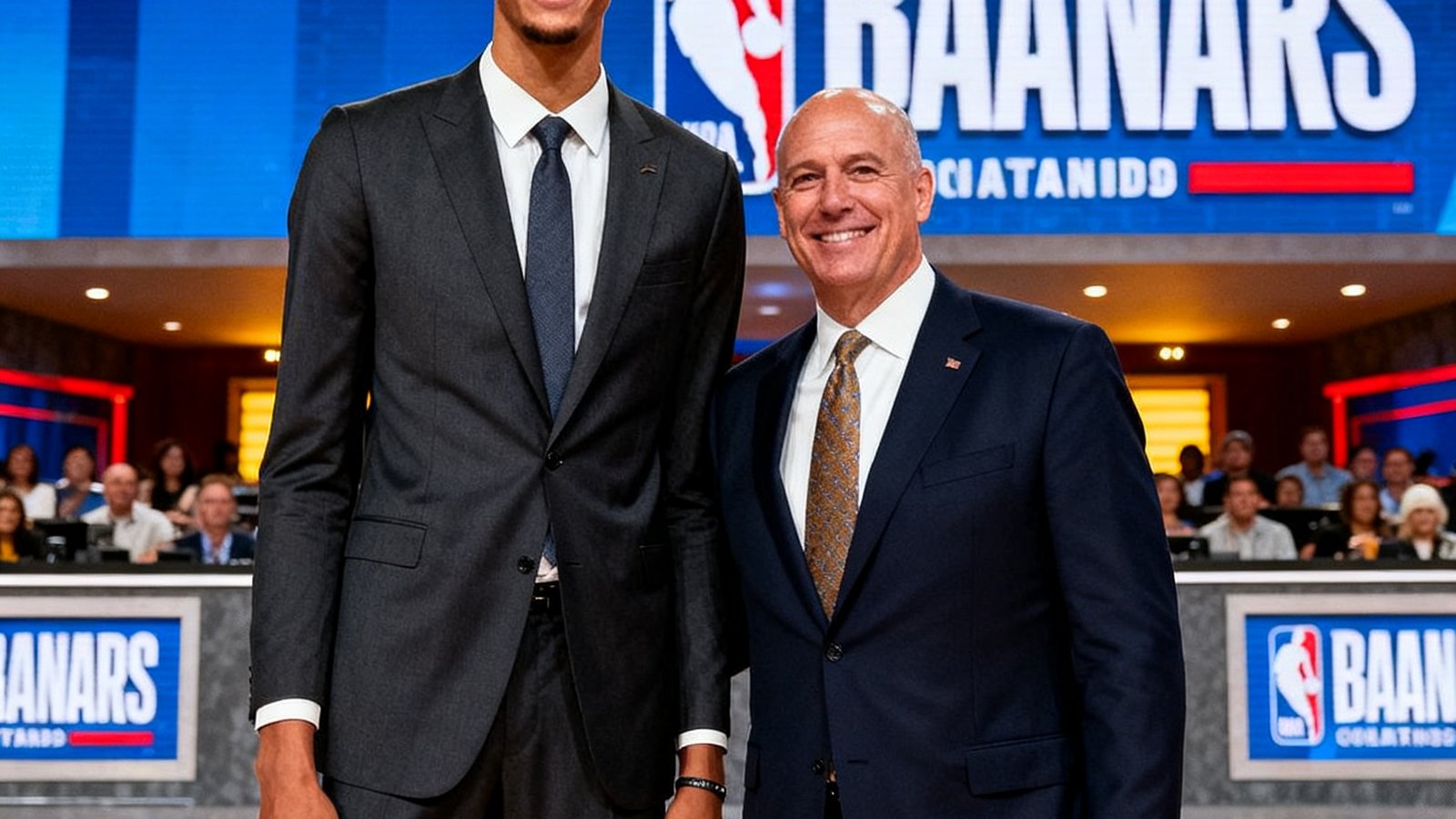 NBA选秀大会，状元秀维克托·文班亚马与总裁合影